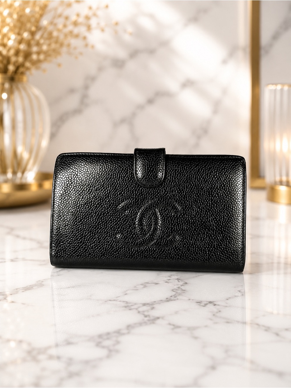 Chanel Black Caviar Leather Long Snap Bifold Wallet | Vintage CC Logo